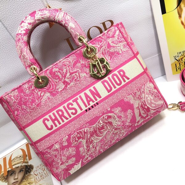Lady D-Lite Seven Square Embroidered Tiger Luxury Style Pink Handbag