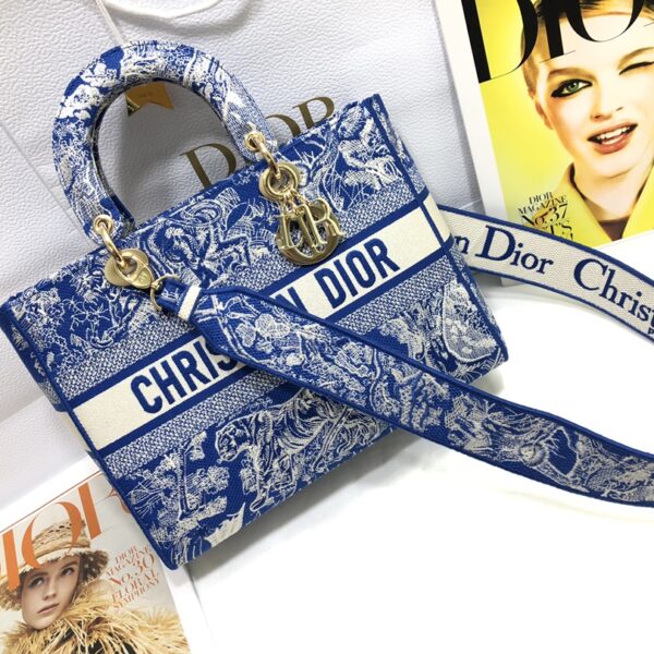 Lady D-Lite Seven-Square Embroidered Tiger Tote Bag – Vibrant Blue Luxury Style Handbag