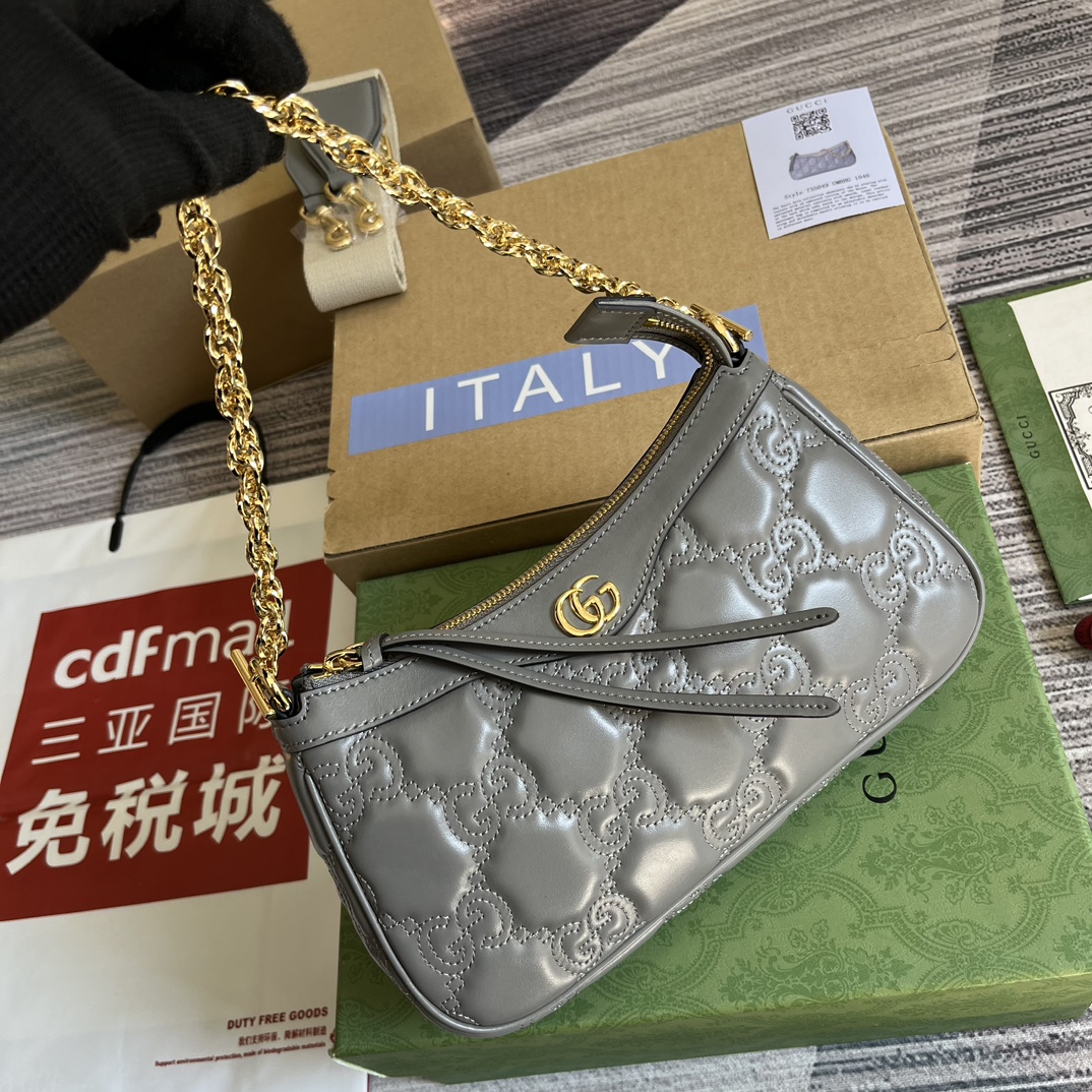 Grey Embossed Matelassé Style Quilted Leather Shoulder Bag - Image 7